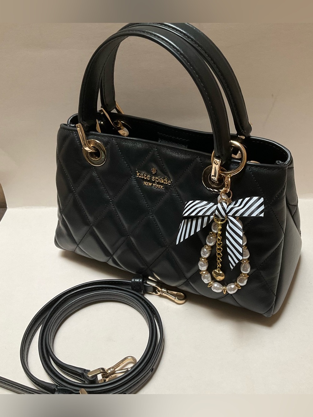 Black & Gold Kate Spade New York Carey Small Quilted Sullivan Satchel Crossbody